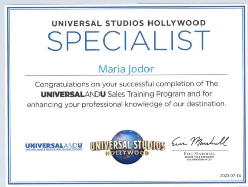Certificado: Universal Studios Hollywood Specialist